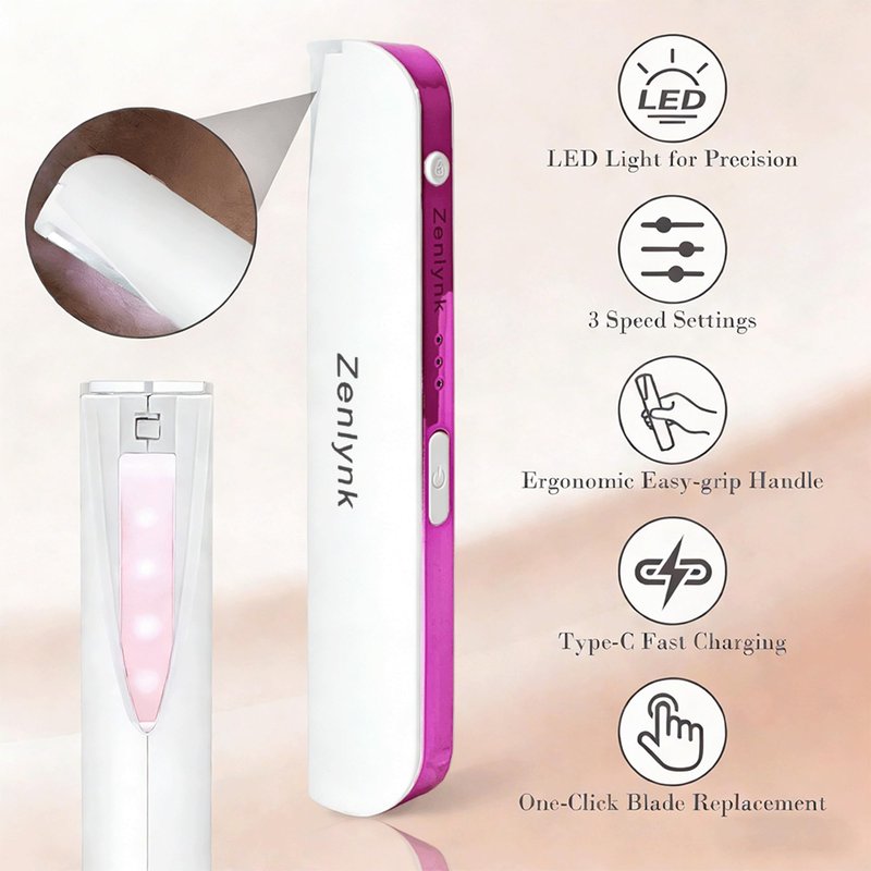 Vibration-Assisted Manual Dermaplane Razor for Women Face, Zenlynk Facial Exfoliator & Peach Fuzz Trimmer with 3 Vibration Modes, LED Light, 5 Replacement Blades & Exfoliating Scrubber, White