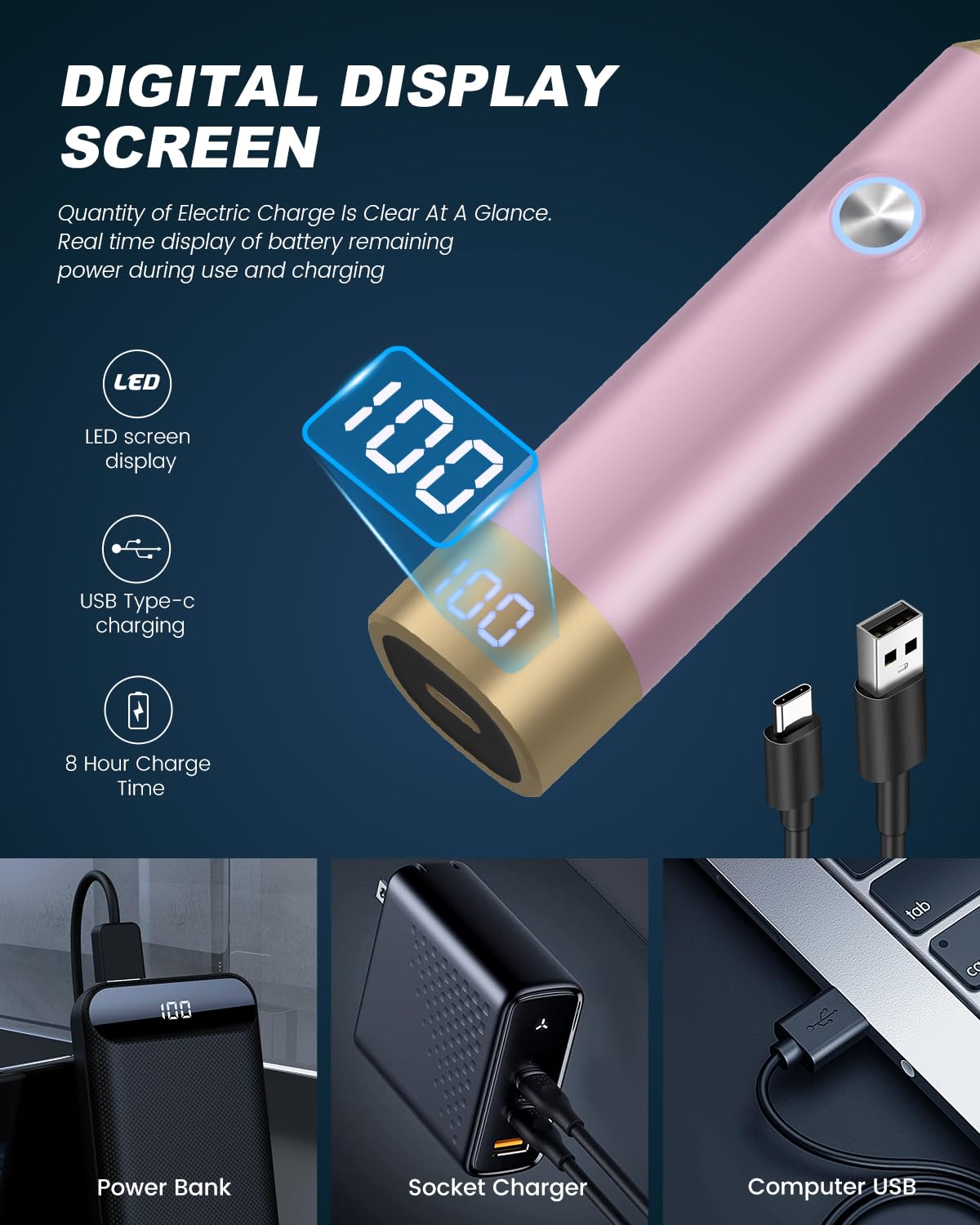 Ear and Nose Hair Trimmer for Men and Women, Painless USB Rechargeable Electric Facial & Eyebrow Hair Remover with LED Display, Dual-Edge Blades for Smooth,13000 RPM Motor IPX7 Waterproof (Pink)