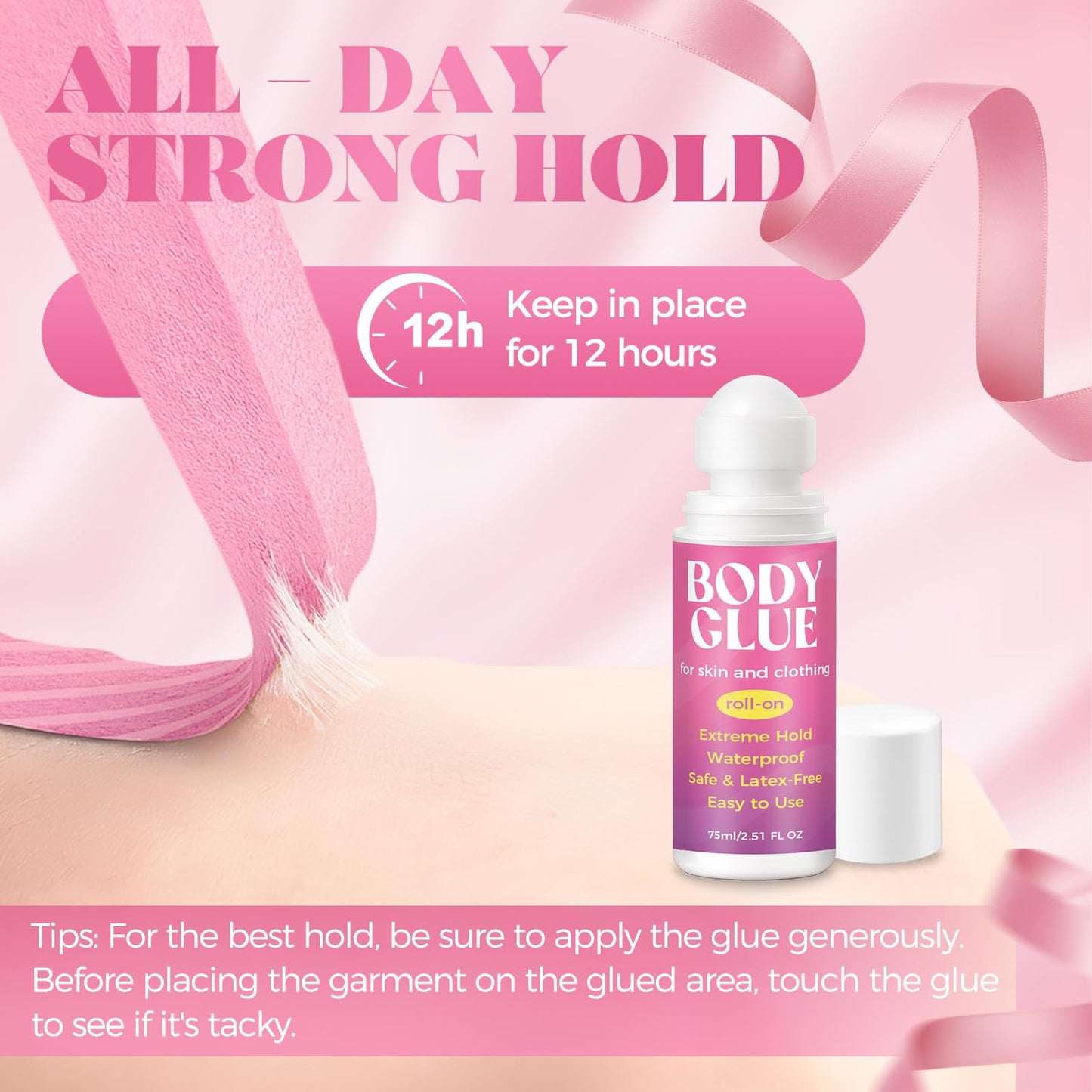 Body Glue for Clothes & Skin 2.54 Oz, Body Adhesive Roll-On, Water Wash Off Butt Glue, Sweat Resistant, Strong Fashion Glue for Dancers, Stagewear, Wigs, Bras, Socks& Costumes(75ml)