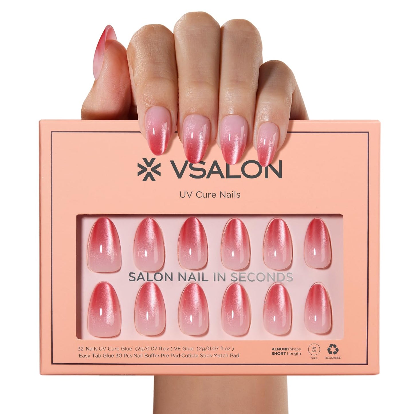 VSALON Press On Nails Short Almond, Pink Cat Eye Ombre Fake Nails Kit