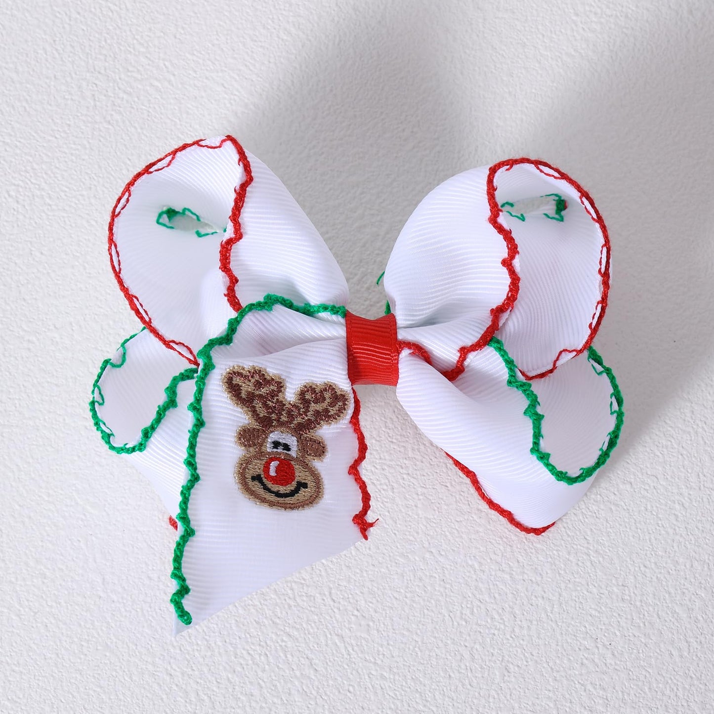 Christmas Embroidered Hair Bow Clips for Girls Women 2-pack 4” Handmade Cute Elk Ribbon Alligator Clip for Teens Toddler Kid Xmas Holiday Party Dress Decoration Accessory Gift