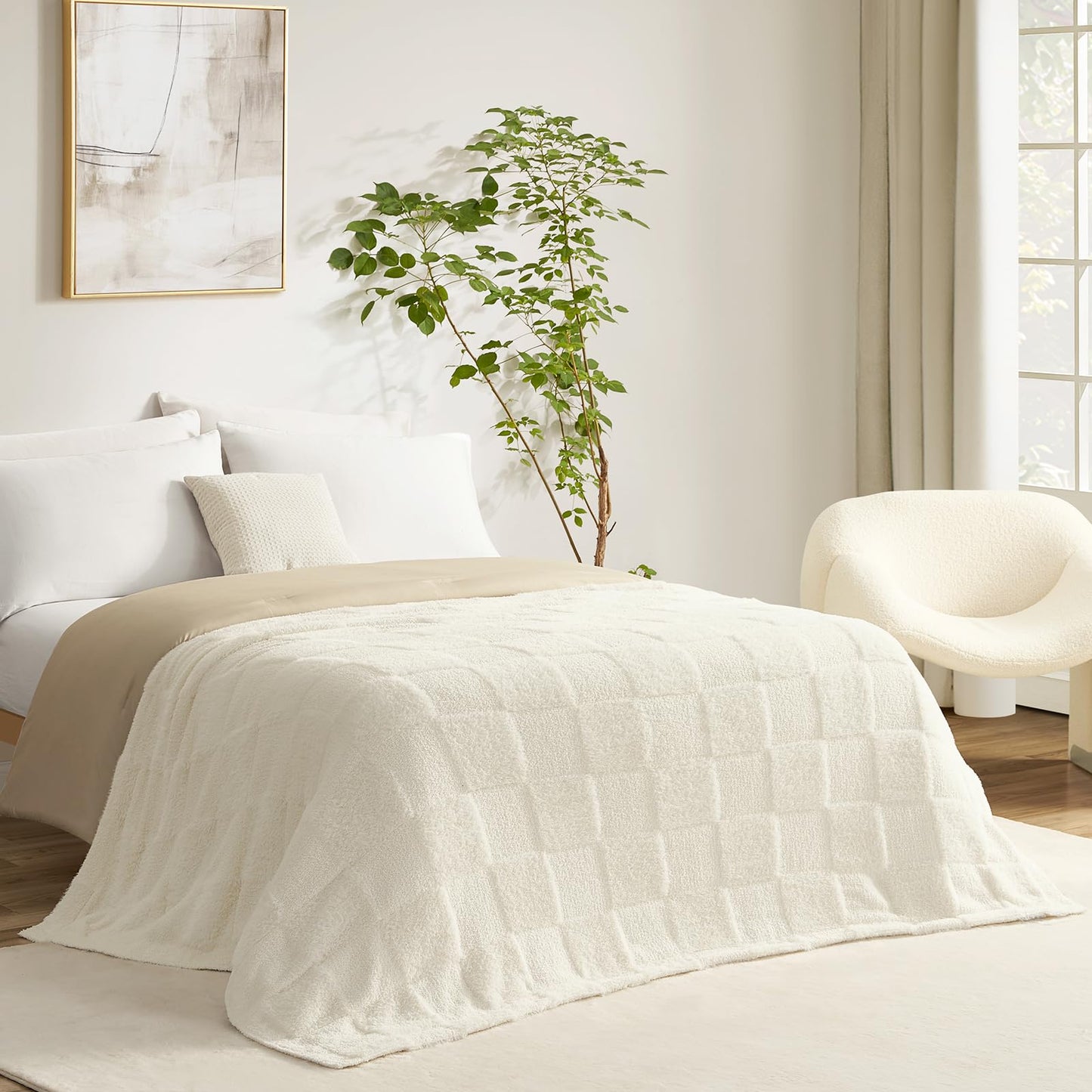 Snuggle Sac Checkered Throw Blanket Faux Fur Microfiber Blankets for Couch,Cozy Soft Warm Blanket for Sofa Bedroom Living Room,Solid Ivory,50x60 inches