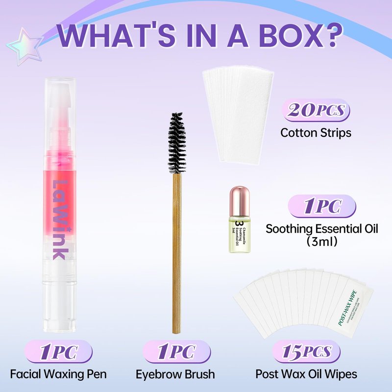 LaWink Extra-Sticky Facial Waxing Pen,Face Wax, Eyebrow Shaper Waxing Kit, Wax Wand, Facial Hair Removal For Eyebrow, Upper Lip, Chin, and Moustache with 20 Cotton Strips 3g Oil waxing kit for women