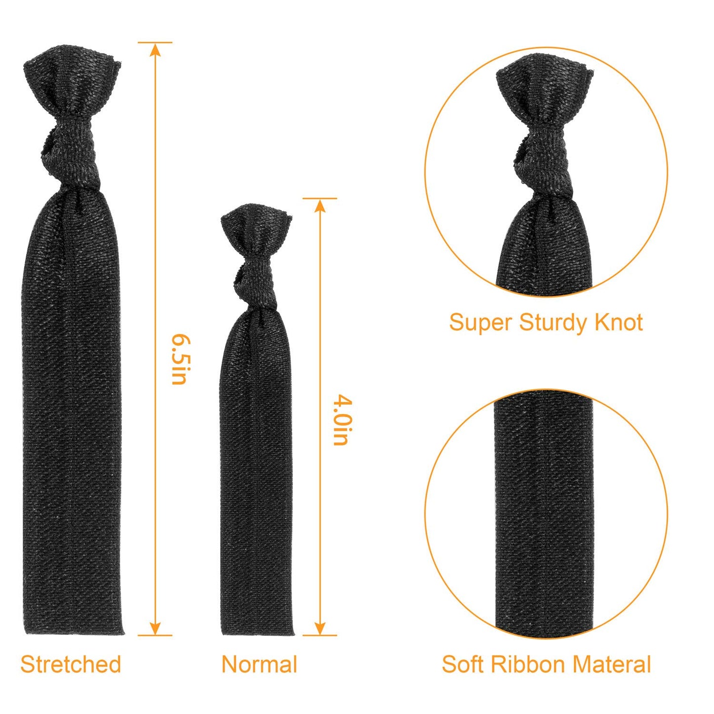Fabric Hair Ties - No Damage Black Ribbon Flat Hair Bands | Soft Ponytail Holders for Women