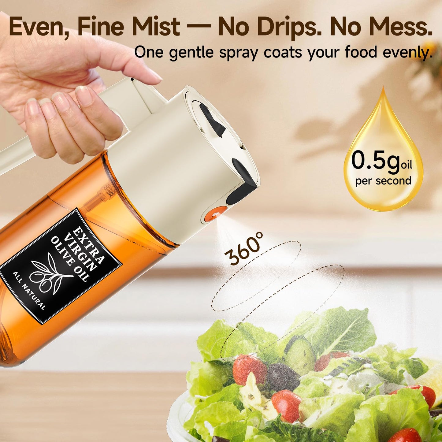 TELUNSHI 500ml Beige Glass Oil Sprayer, Dark-Tinted Glass Fine Mist Spray Bottle for Baking, Salad, Air Fryer, Light Cooking, Refillable 2-in-1 Oil Dispenser