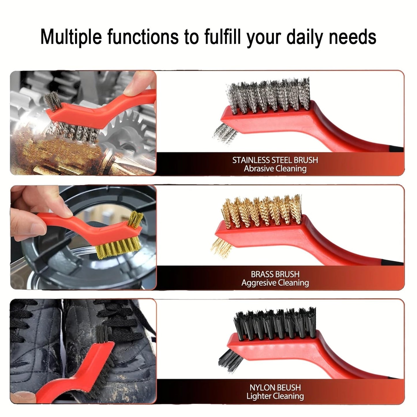 3-Piece Wire Brush Set - Heavy Duty Nylon, Brass & Stainless Steel Brushes | Curved Nonslip Handle, 7-Inch Red