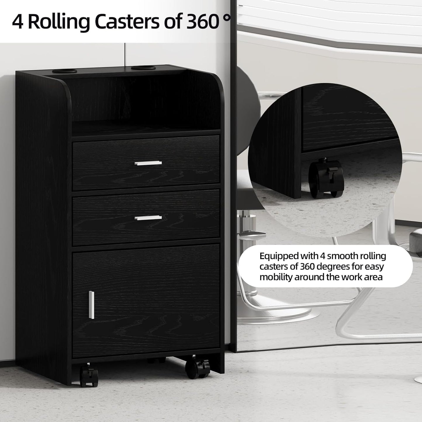 Salon Station for Hair Stylists - Mobile Organizer with Wheels | Black Beauty Barber Trolley Cart for Spa & Barbershop