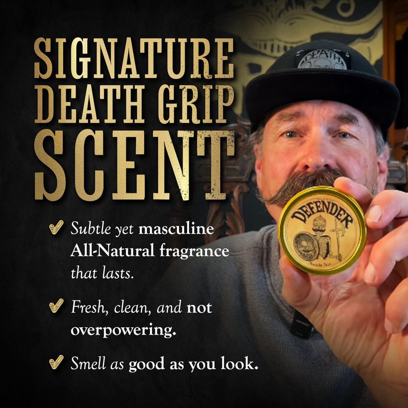 Defender Mustache Balm 1 oz Tin & Necklace Death Grip Mustache Comb Mens Combo Kit - Grooming For Men Handlebar Moustache