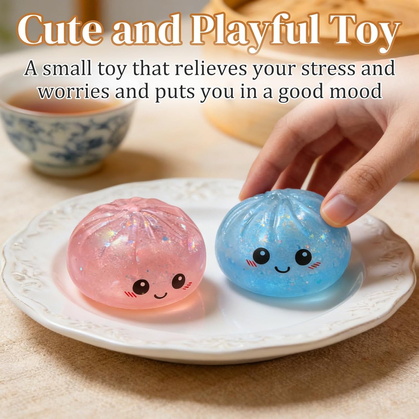 Glitter Dumpling Squishy - Soft Stress Relief Fidget Toy | Stretchy Dough Ball with Mini Food Steamer (Glitter White)