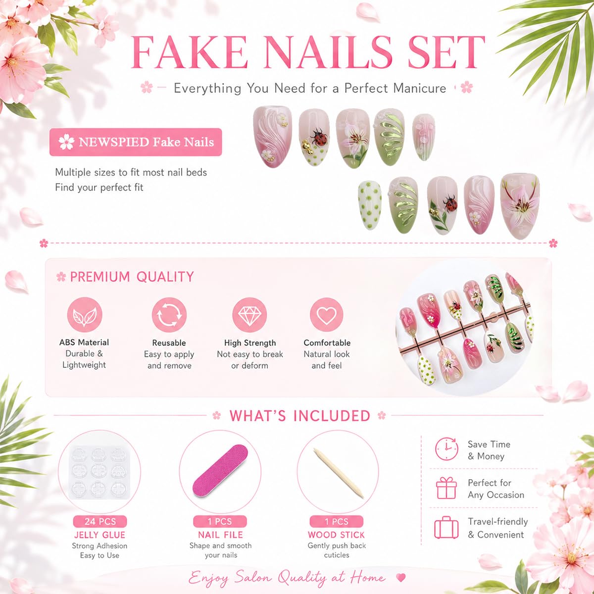 30Pcs Press-On Nails - Summer Short Almond Shape with Floral Leaf & Ladybug Design | Pink Green Gradient Full Cover