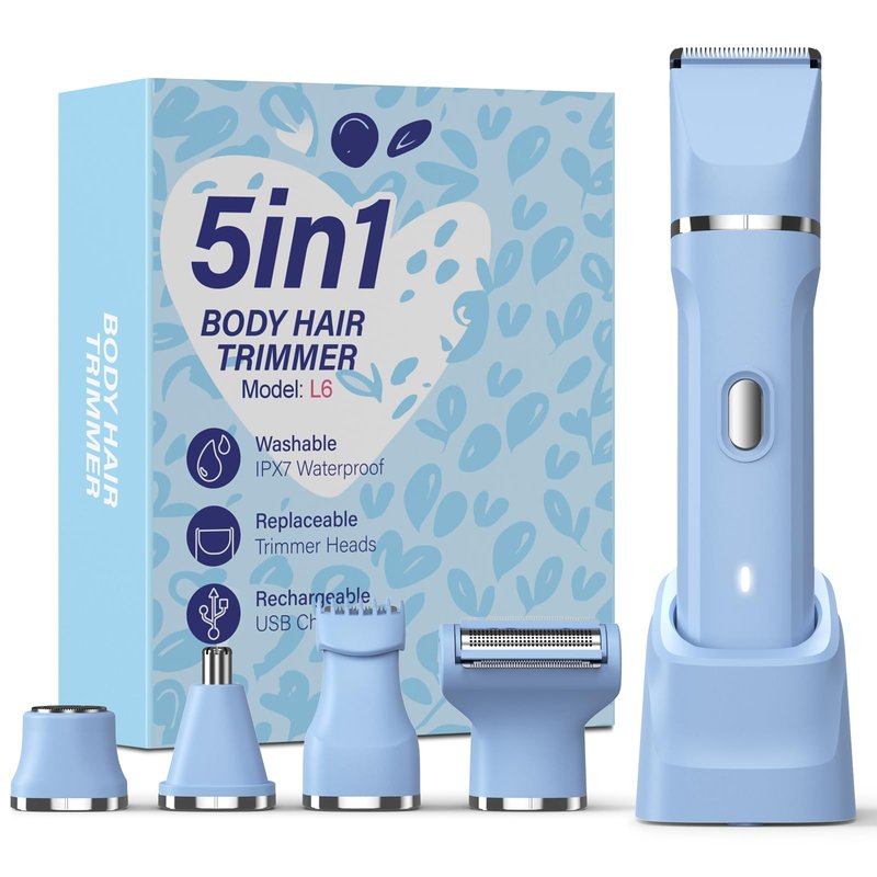 HOHOLE 5-in-1 Bikini Trimmer for Women, IPX7 Waterproof Electric Razors Shaver, Cordless Body Hair Trimmer, Facial & Pubic Hair Removal, Ceramic Blade (Sky Blue)
