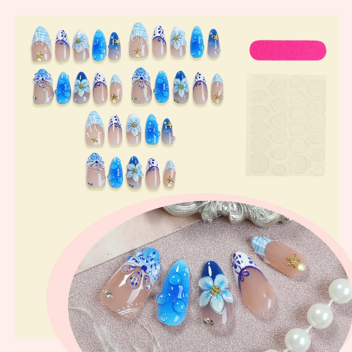 30Pcs Blue Flower Press on Nails Medium Almond Summer Beach Fake Nails with 3D Flowers Starfish Design French Nails Cute Stick on Nails Golden Beads Full Cover Manicure False Nail Tips for Women