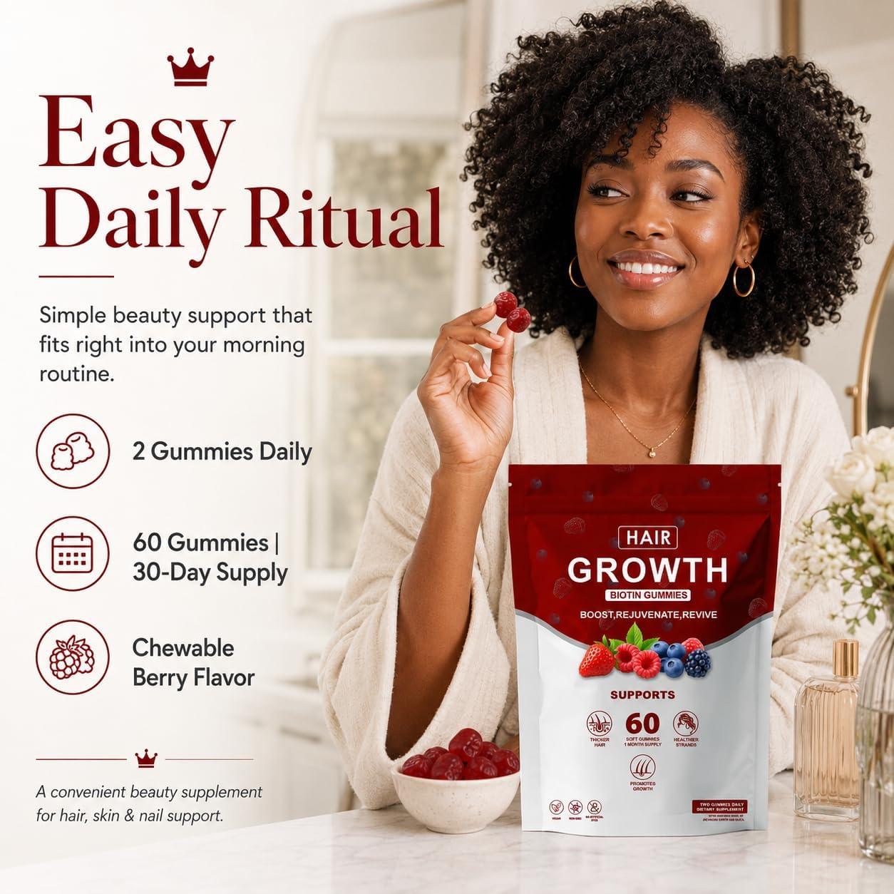 Hair Growth Gummies for Black Women - Biotin & Silica Complex (5000mcg) | Supports Hair, Skin & Nail Health, 60 Gummies