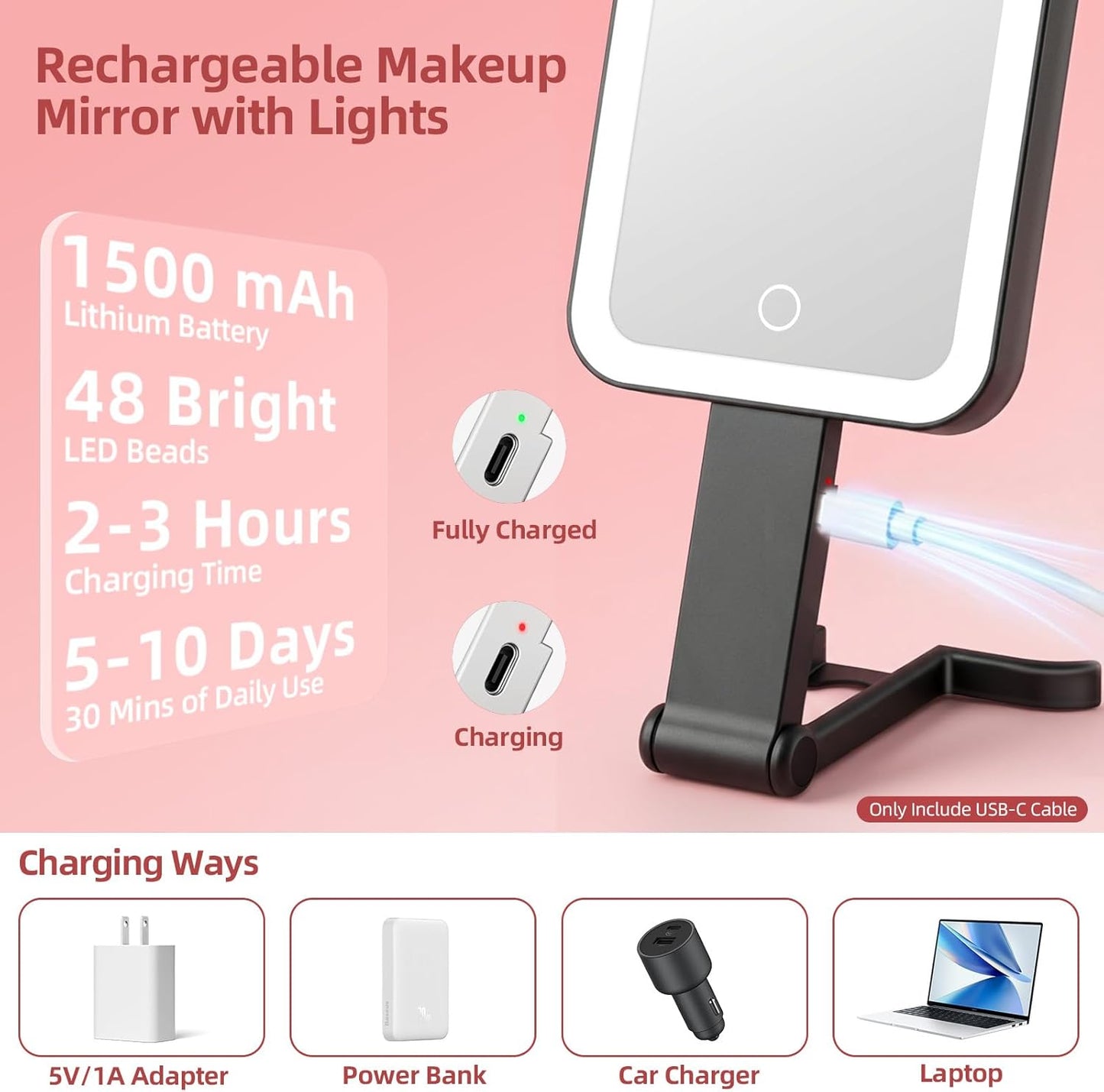 Rechargeable Travel Mirror with Lights - 10X/1X Double-Sided, 3 Color Lighting | Smart Touch Dimming, Precision Tweezers (10.3"x5.2")