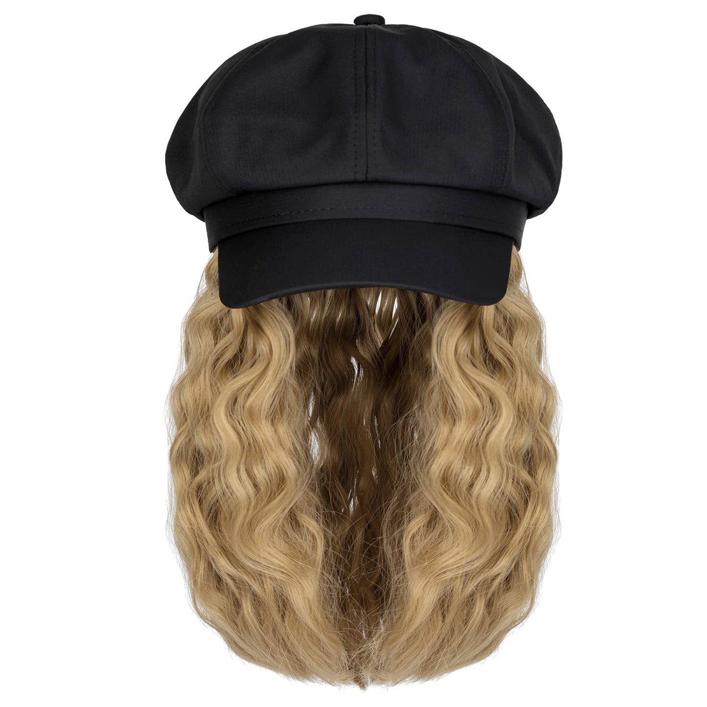 Cephermer Newsboy Cap with 10 Inch Wavy Curly Hair Extensions for Women Hat Attached Synthetic Wig Short Extensions 14 Inch in Length (with Newsboy Cap)