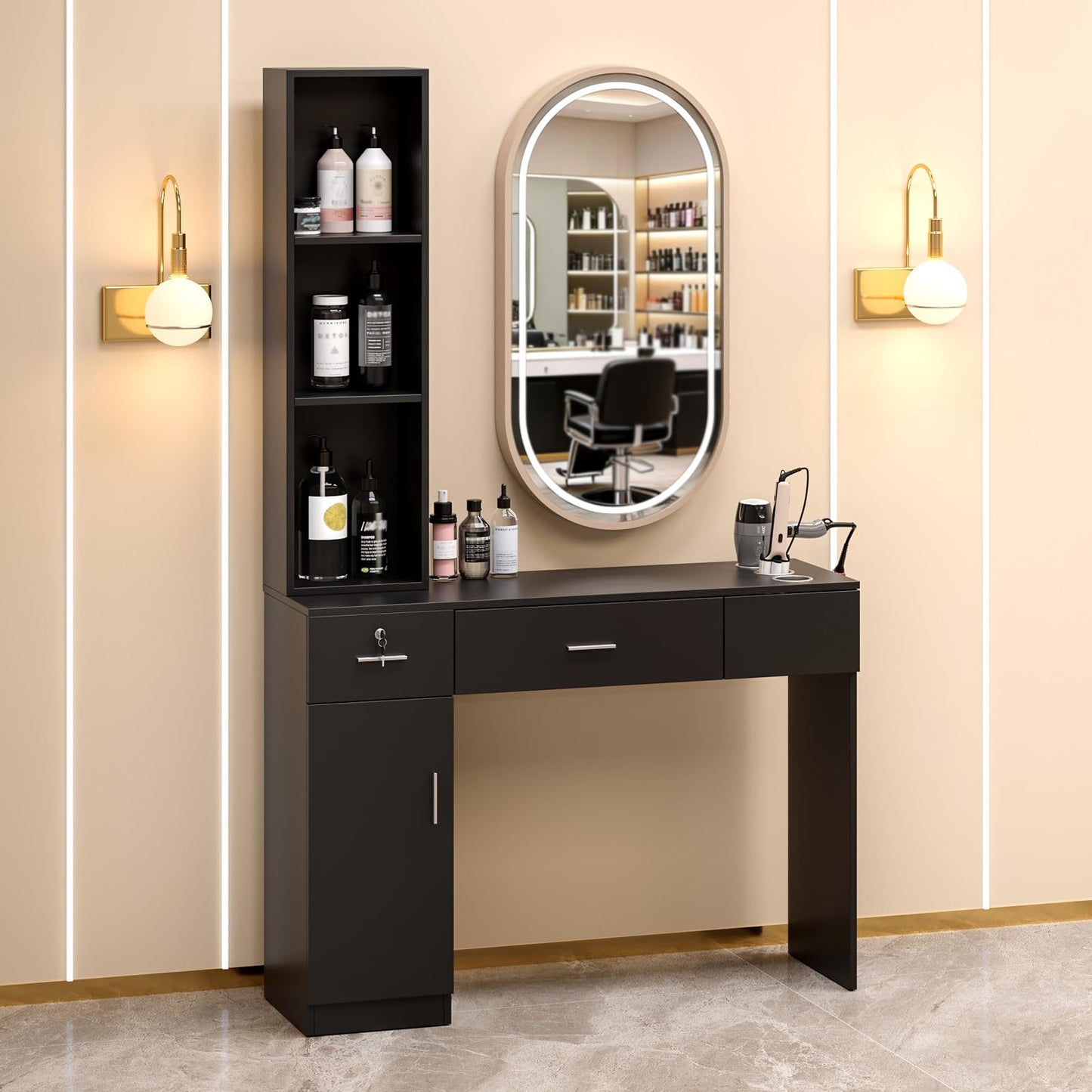 OmySalon Salon Stations for Hair Stylist, Locking Barber Station Organizer, Wall Mount Hair Styling Equipment with 2 Drawers, 1 Storage Cabinet, 3 Open Shelves, for Beauty Spa Hairdresser, Black