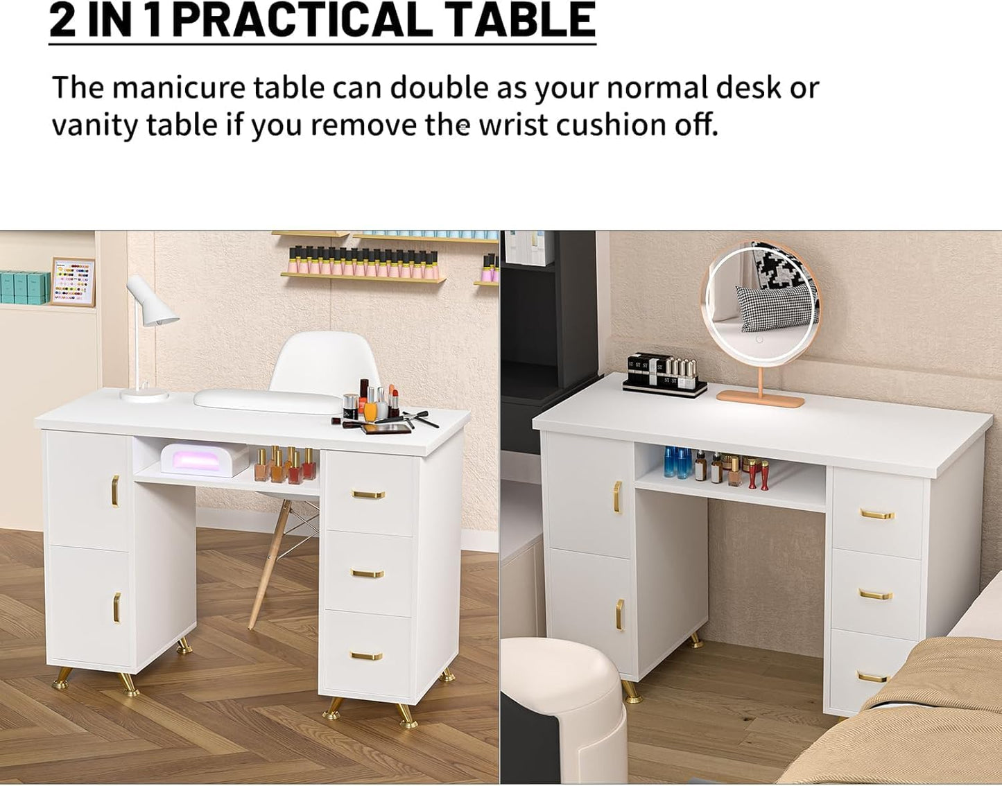 Professional Nail Tech Desk - Acetone Resistant Manicure Table with 3 Drawers & 2 Cabinets | White-Gold Finish for Salon & Home Use