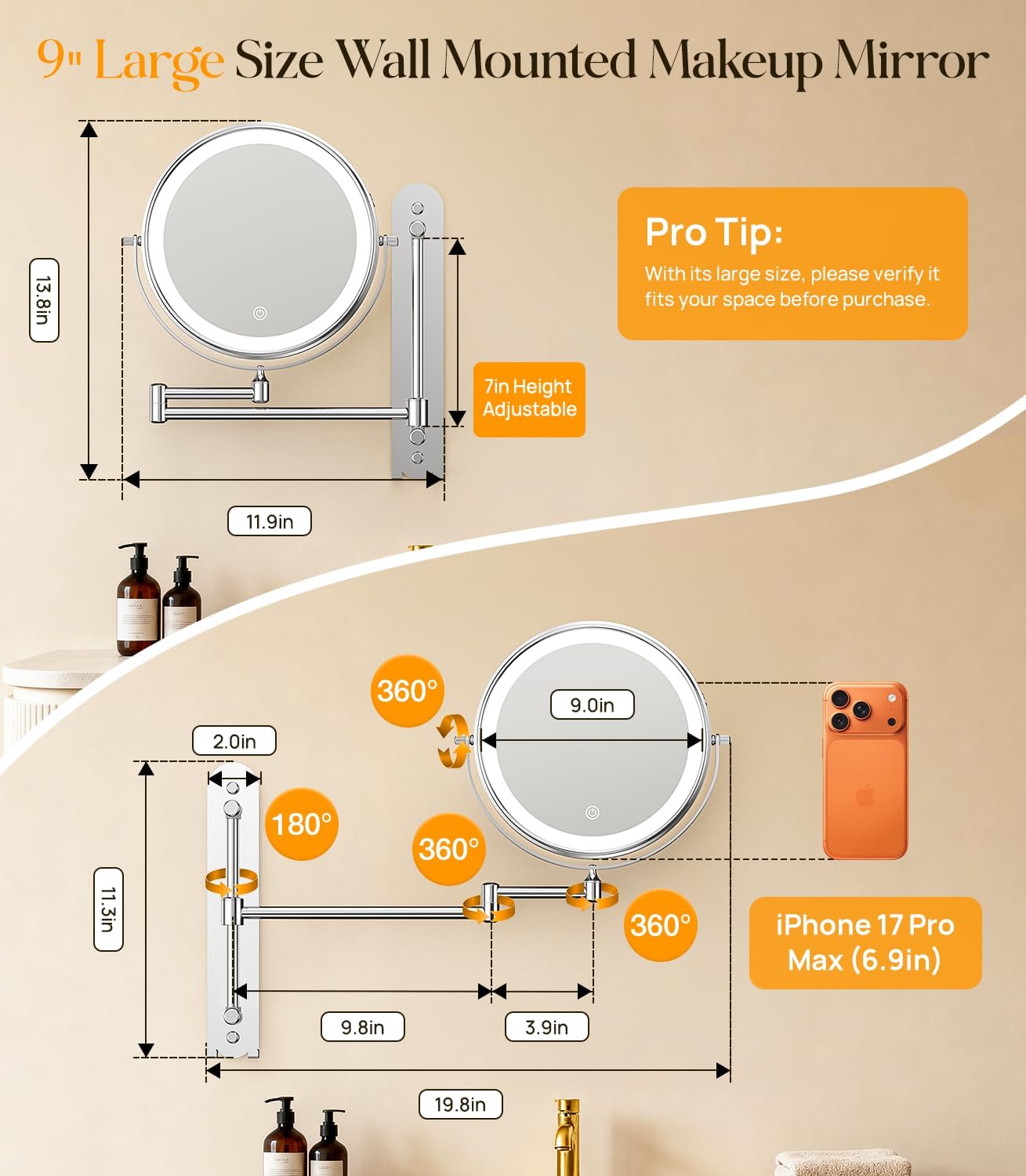 Gospire 9” Wall Mounted Makeup Mirror - 10X Magnification, Adjustable Height, Chrome Finish | 360° Swivel Design