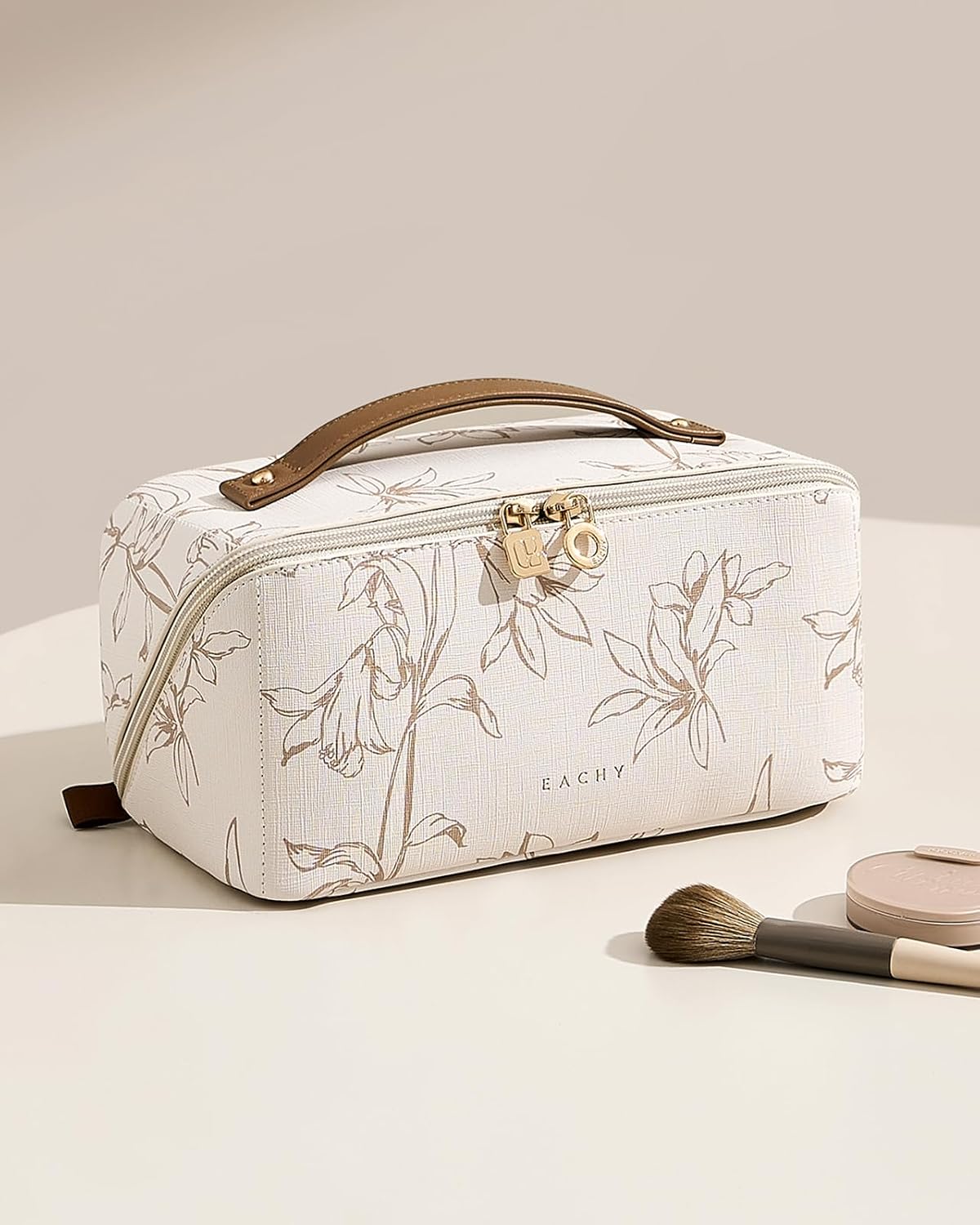 Travel Makeup Bag - Large Capacity Waterproof Cosmetic Pouch | Open Flat Design (F-Beige)