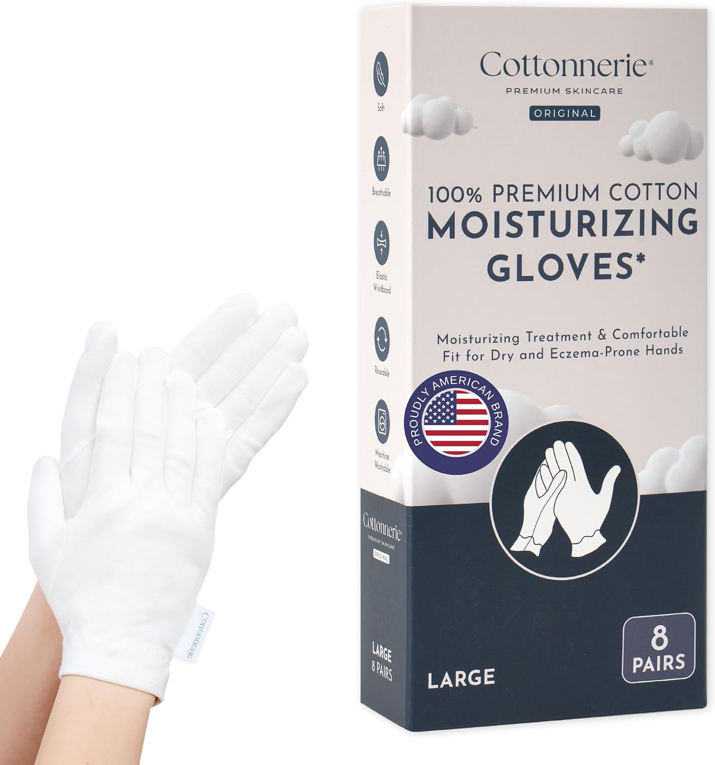 Cotton Moisturizing Gloves for Dry Hands - 4 Pairs Overnight Hand Care | Medium Size