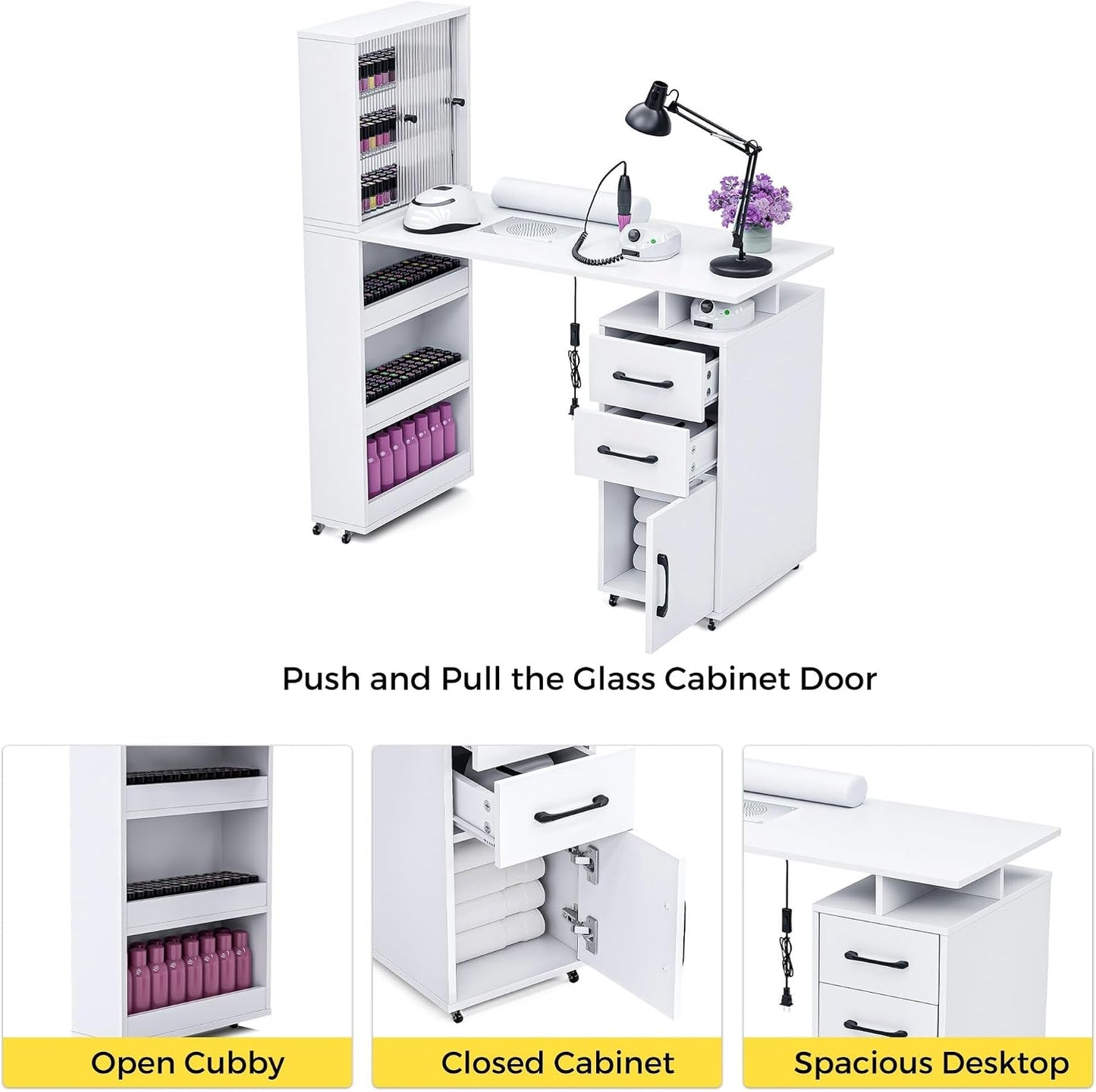 Manicure Table - Nail Desk with Glass Door Storage & Dust Collector | Acetone Resistant, White