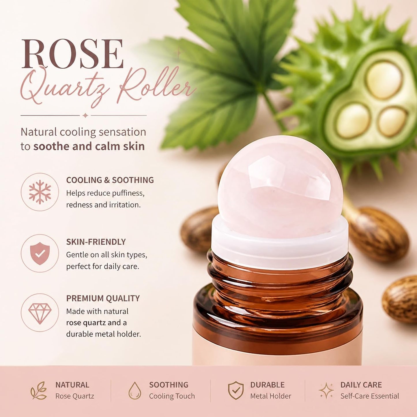 Organic Castor Oil with Rose Quartz Roller - Hydrating Roll-On for Brows, Lashes & Face | Leakproof Travel Bottle