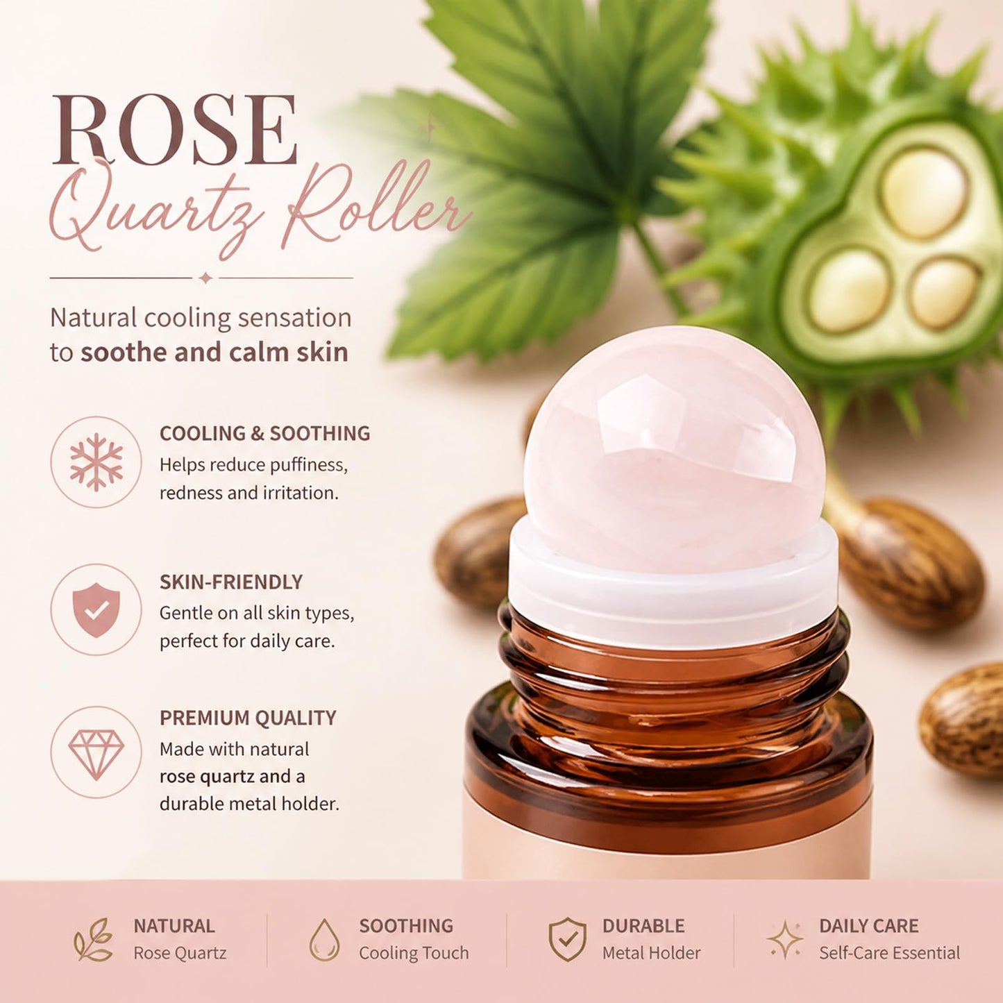 100% Organic Castor Oil with Rose Quartz Roller – Hydrating Roll-On for Brows, Lashes, Face & Dry Skin – Leakproof Travel Bottle