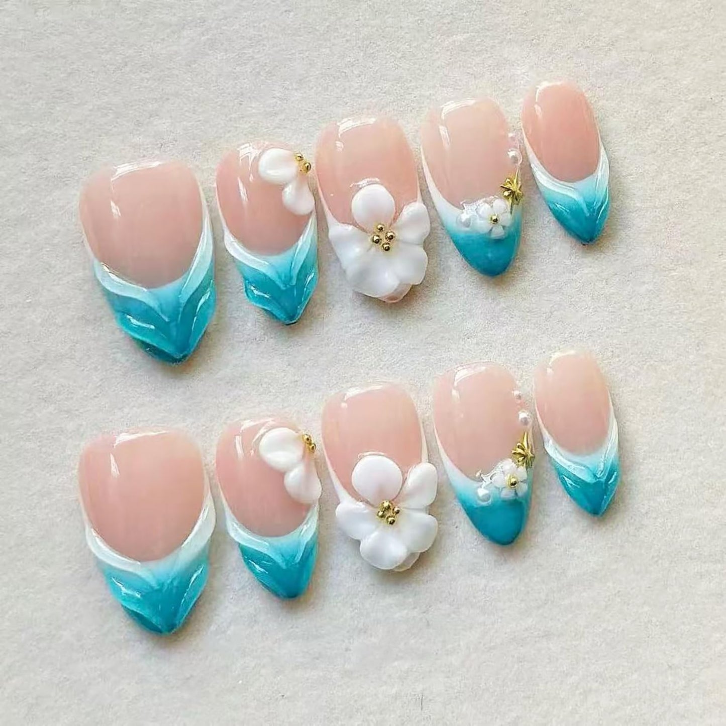 3D Blueberry Flower Press-On Nails - Medium Almond Shape with Pearl & Gold Beads | Reusable Glossy Blue French Tips for Summer Parties