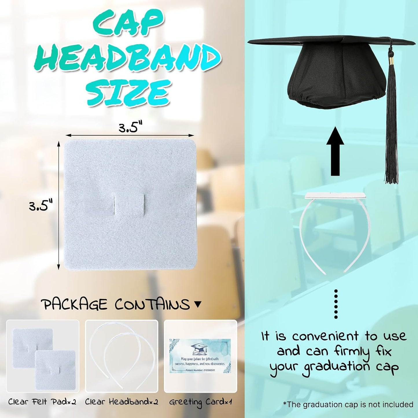 Graduation Cap Headband - Anti-Slip Insert for Secure Fit | Pack of 2, Clear