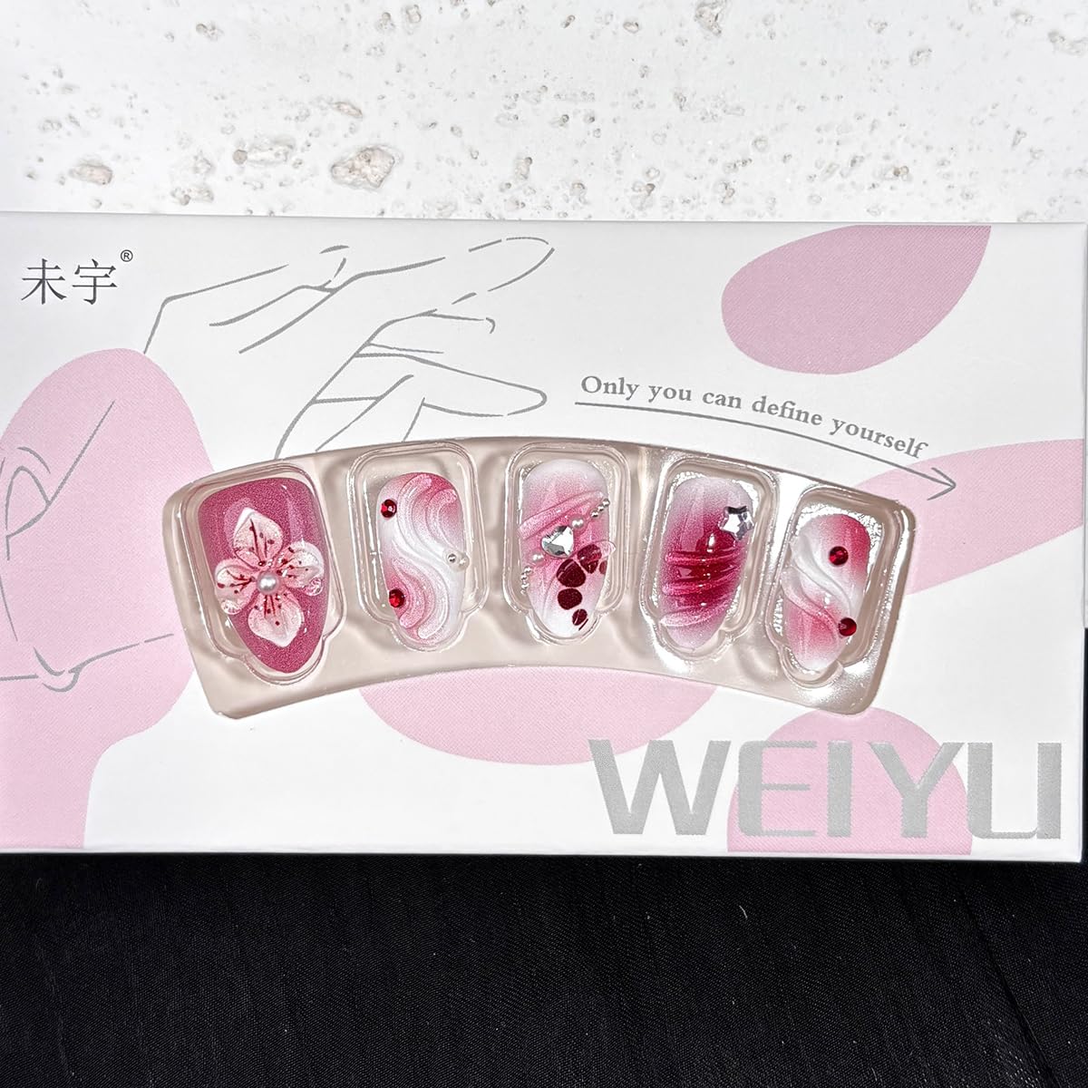 30Pcs Spring Flower Press on Nails Medium Almond Fake Nails Red Gradient Full Cover Glue on Nails Cute Floral False Nails with Pearl Gem Heart Rhinestones Design 3D Flowers Stick on Nail for Women