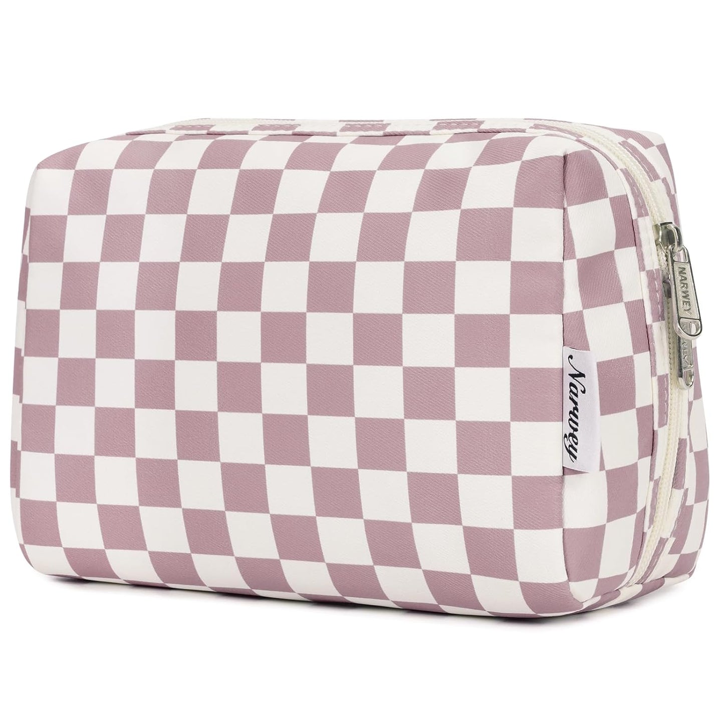 Checkered Makeup Bag - Travel Cosmetic Organizer with Compartments | Large Sky Blue Checkerboard