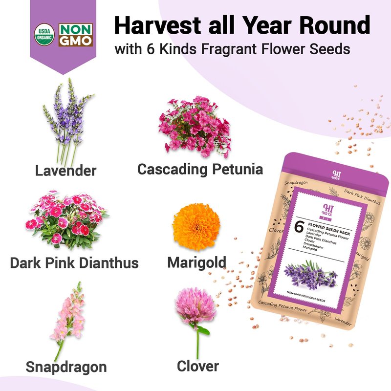 Flower Seed Pods for All Hydroponics Growing System, 8 Pods with 600+ Seeds of Marigold, Lavender, Petunia, Dark Pink Dianthus, Clover and Snapdragon