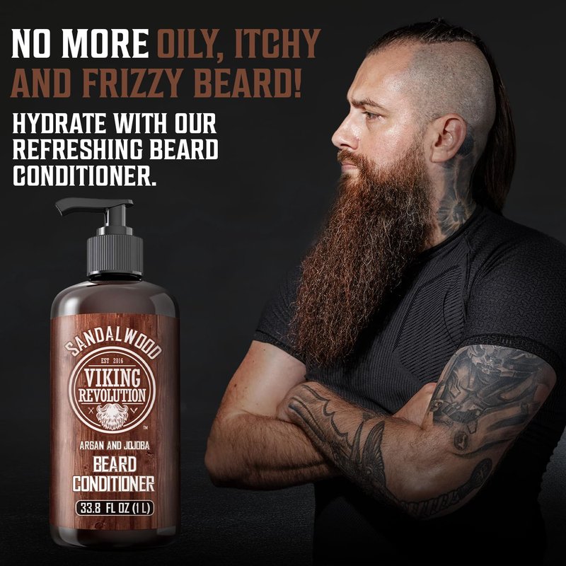 Viking Revolution Sandalwood Beard Conditioner for Men with Argan Oil and Jojoba Oil - Beard Softener and Strengthener Natural Beard Conditioner - Beard Care Moisturizer with Aloe Vera (33.8 Fl oz)