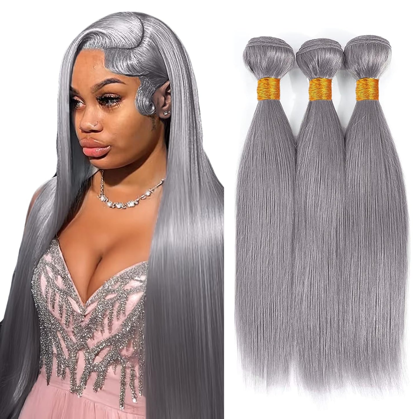 14 16 18 Inch Gray Bundles Straight 3 Bundles Human Hair Brazilian Remy Hair 50 Grams/Bundle 10A Grade Unprocessed Virgin Hairs Silver Grey Color Straight Bundle Weaves Extensions