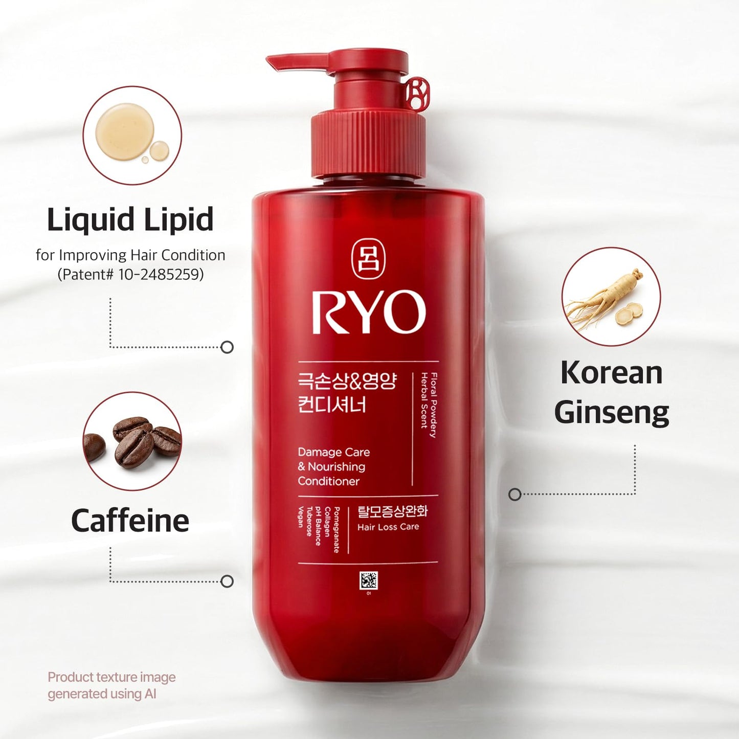 RYO Damage Care & Nourishing Conditioner with Korean Ginseng & Caffeine - Repair and Moisturizing, Anti Loss Care, Strengthening hair roots, 16 Fl Oz.