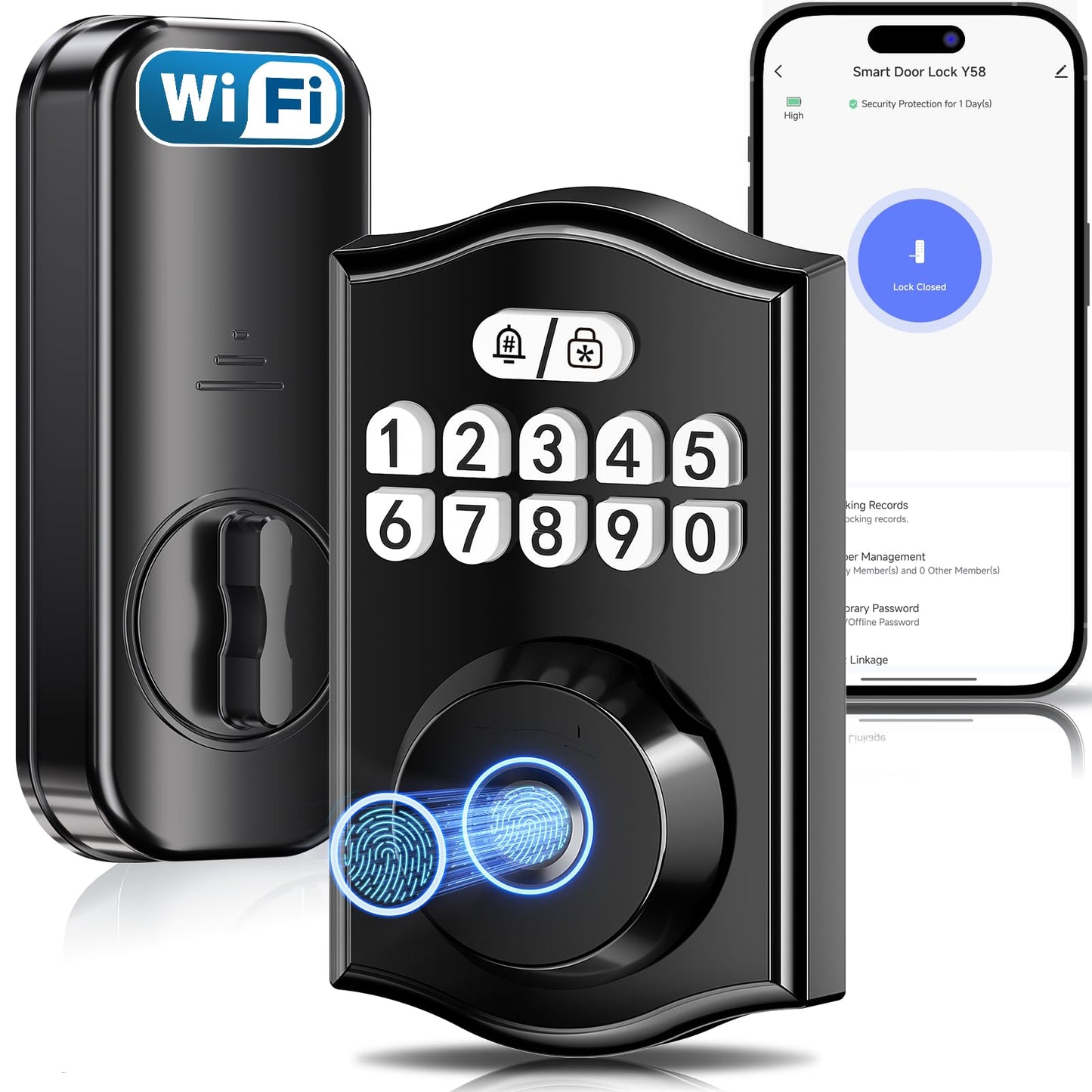 Ulecoce Y58 Built-in WiFi Fingerprint Door Lock Keyless Entry Door Lock for Front Door, Deadbolt Lock for Smart Home Apartment, App Remote Control, 15-Min Easy Install, Grade 3 Anti Security, Black