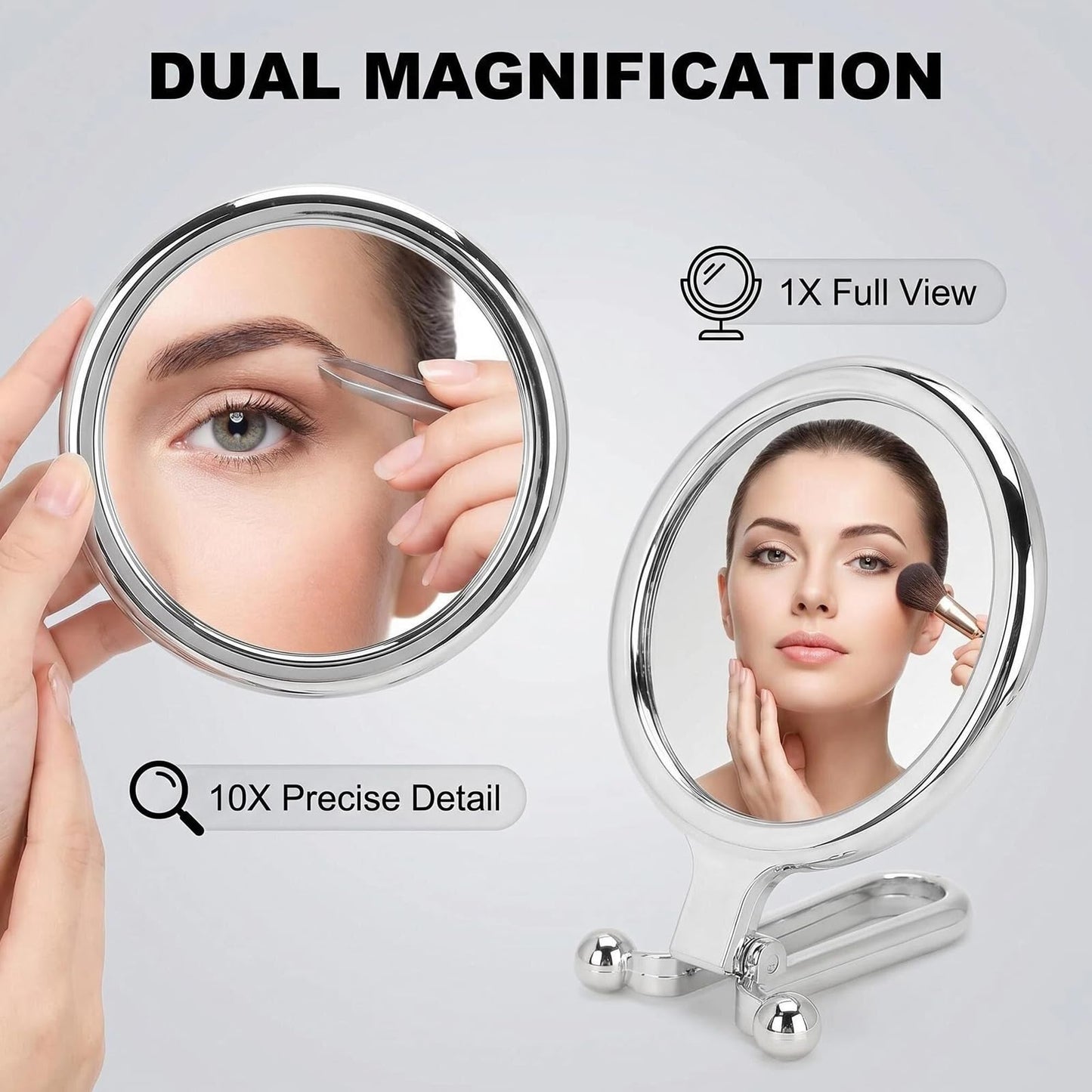 Double-Sided 10X Magnifying Handheld Mirror - Portable Folding Makeup Mirror for Travel Bathroom Vanity - 6.1 Inch Round Compact Mirror with 1X Normal View for Women