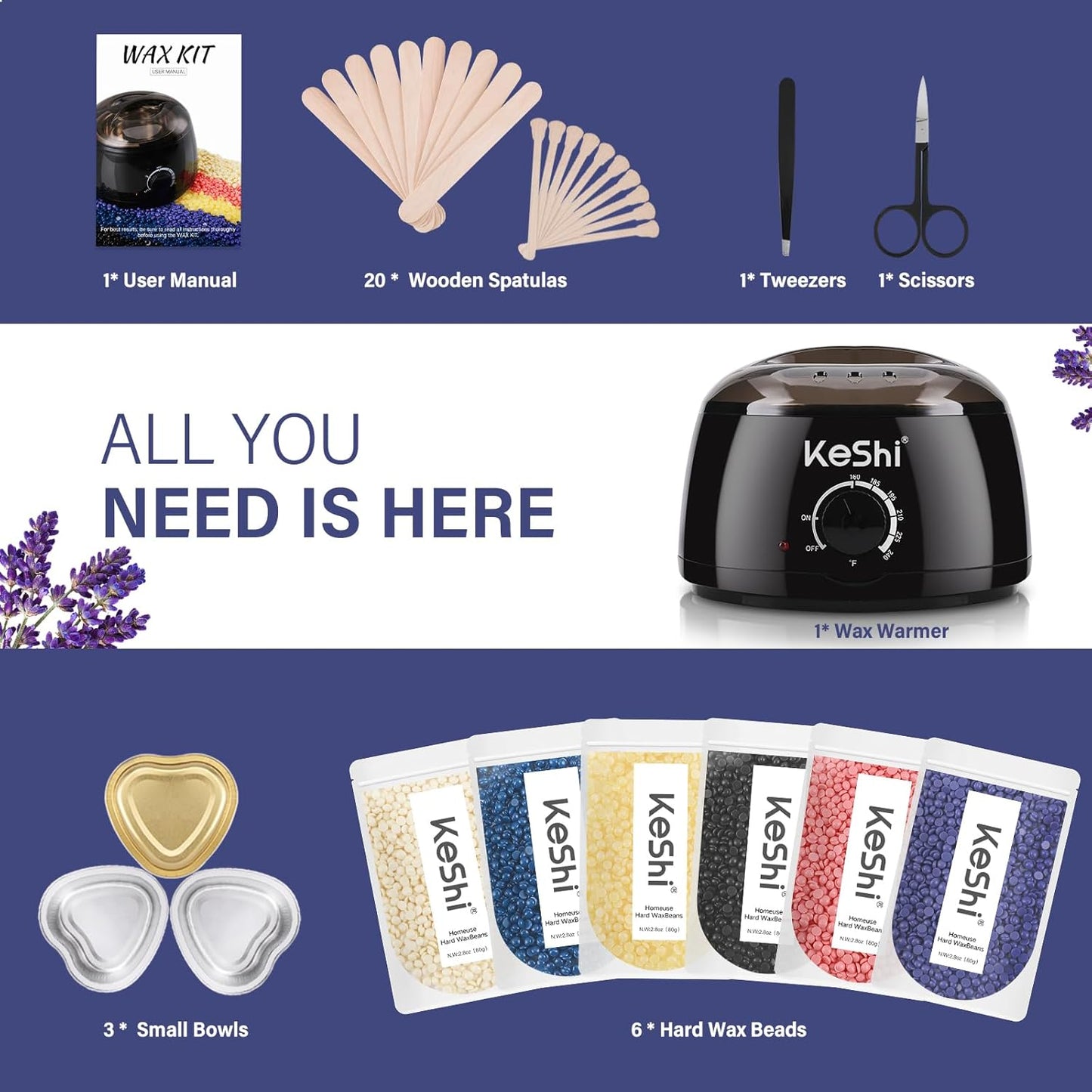 Painless Hair Removal Waxing Kit - KeShi Wax Warmer with 6 Bags Hard Wax Beans for Full Body, Legs, Face & Bikini | Ideal for Men & Women