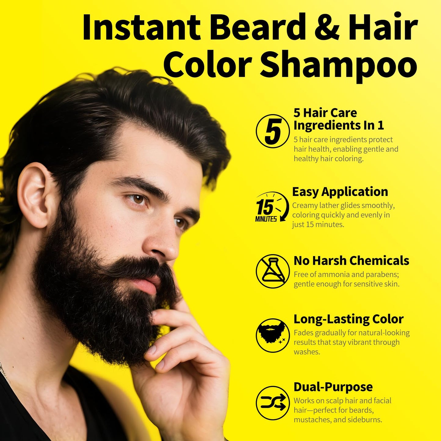 Gowwim Men's Beard Dye & Hair Dye Shampoo - Semi-Permanent Beard Dye Black, 15 Minute Natural Beard & Mustache Coloring Shampoo