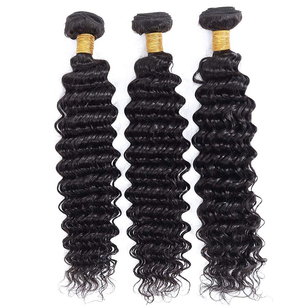 Human Hair Bundles #1B Natural Color Deep Wave Bundles 16 16 16 Inch Unprocessed Brazilian Virgin Hair 3 Bundle 50 Gram Per Bundle Deals Quick Weave Hair Extensions