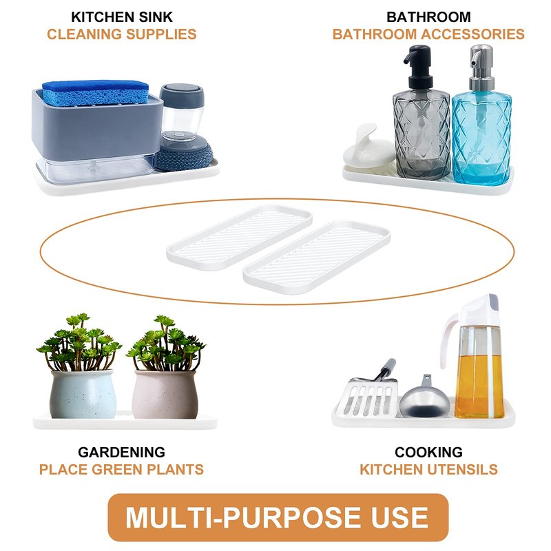 HvOvMvE Silicone Organizer Tray, Soap and Sponge Holder for Kitchen Sink, Bathroom - Storage Tray for Dish Brush, Soap Dispenser, Dishwashing Accessories- 2 Pack (White)
