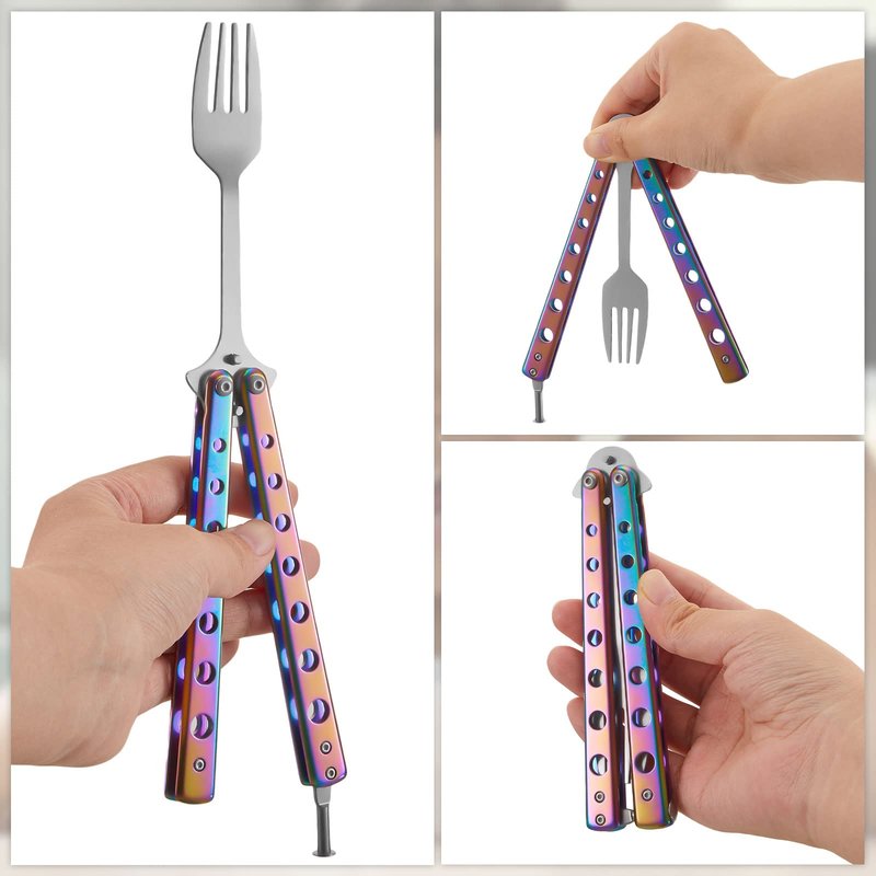 Flutesan 2 Pcs Butterfly Fork and Spoon Set, Tactical Butterfly Spoon Folding Stainless Steel Spork Utensil Set Balisong Trainer for Travel Camping Hunting BBQ Kitchen(Colorful)