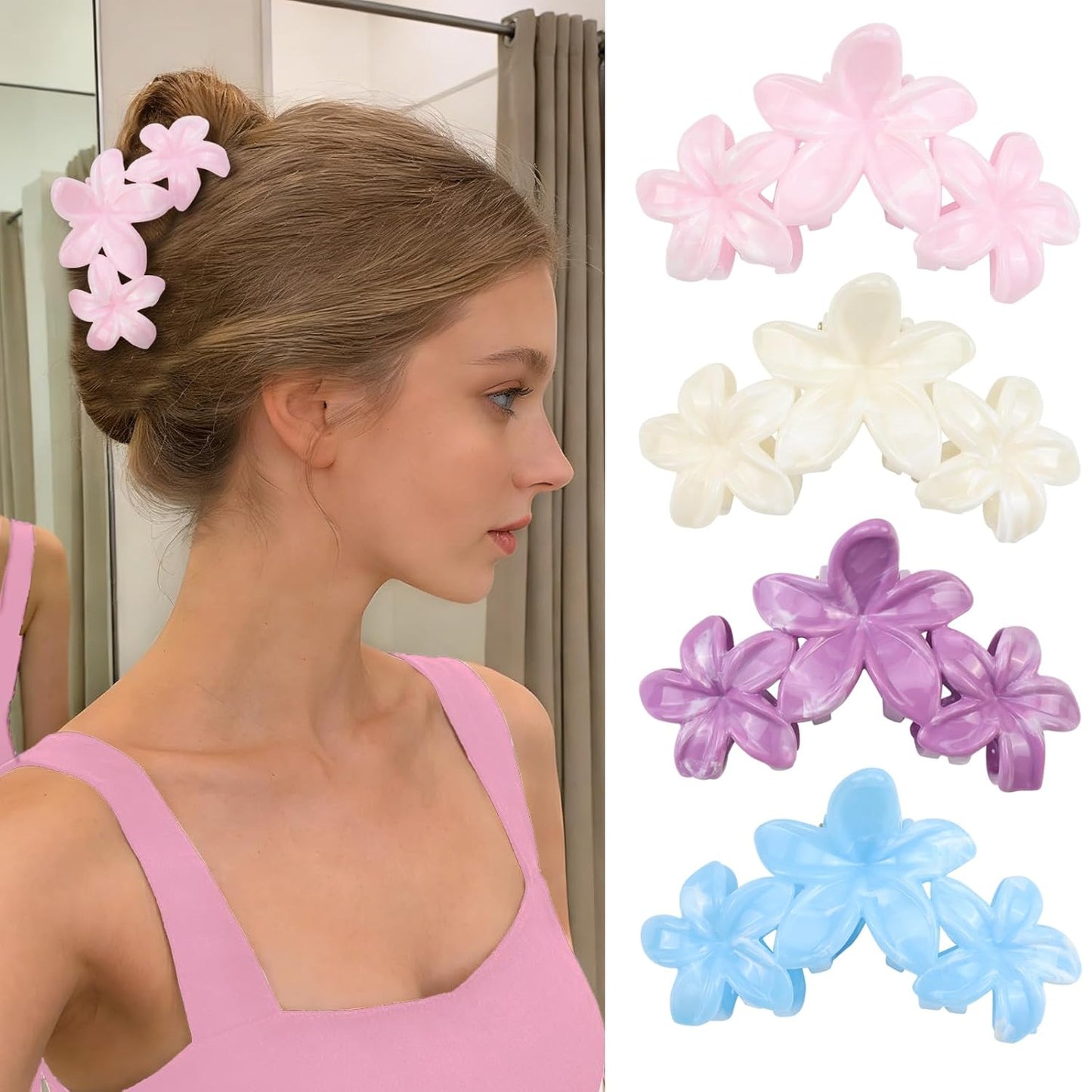 Cute Hawaiian Flower Claw Hair Clips - 4Pcs Large Clips for Thick or Thin Hair | Pink & Red Beach Accessories