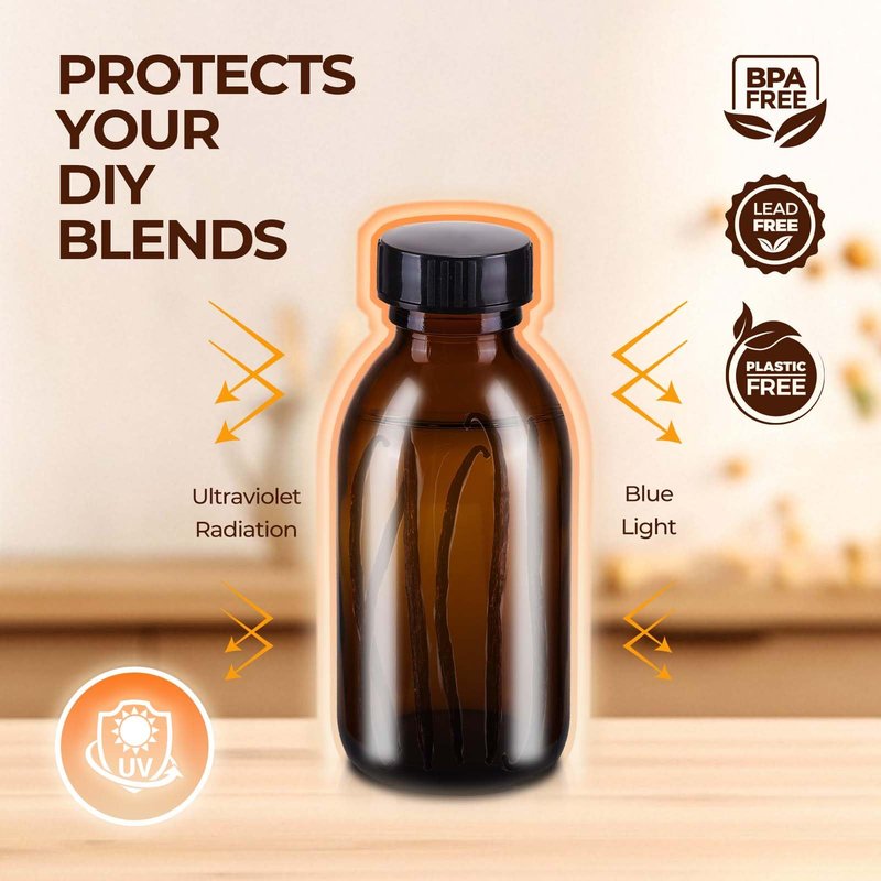 54 Pack 4 oz Amber Boston Glass Bottle with Cap, Empty Glass Bottles for Homemade Vanilla Extract, Essential Oils, Juice, Potion, Syrup, Liquids, Christmas