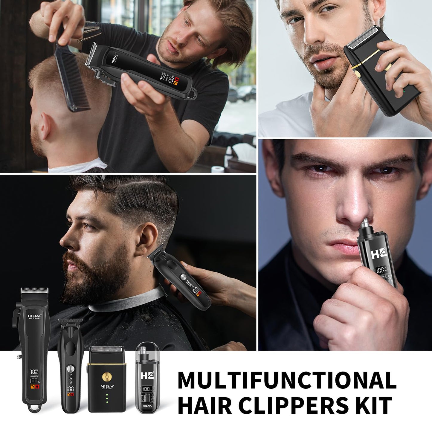 HIENA PRO Hair Clippers for Men Professional, Cordless Barber Clipper T-Blade Beard/Hair Trimmer Electric Razor Foil Shaver Set, Men's Hair Cutting Kit with LED Display, Barber or Home Use