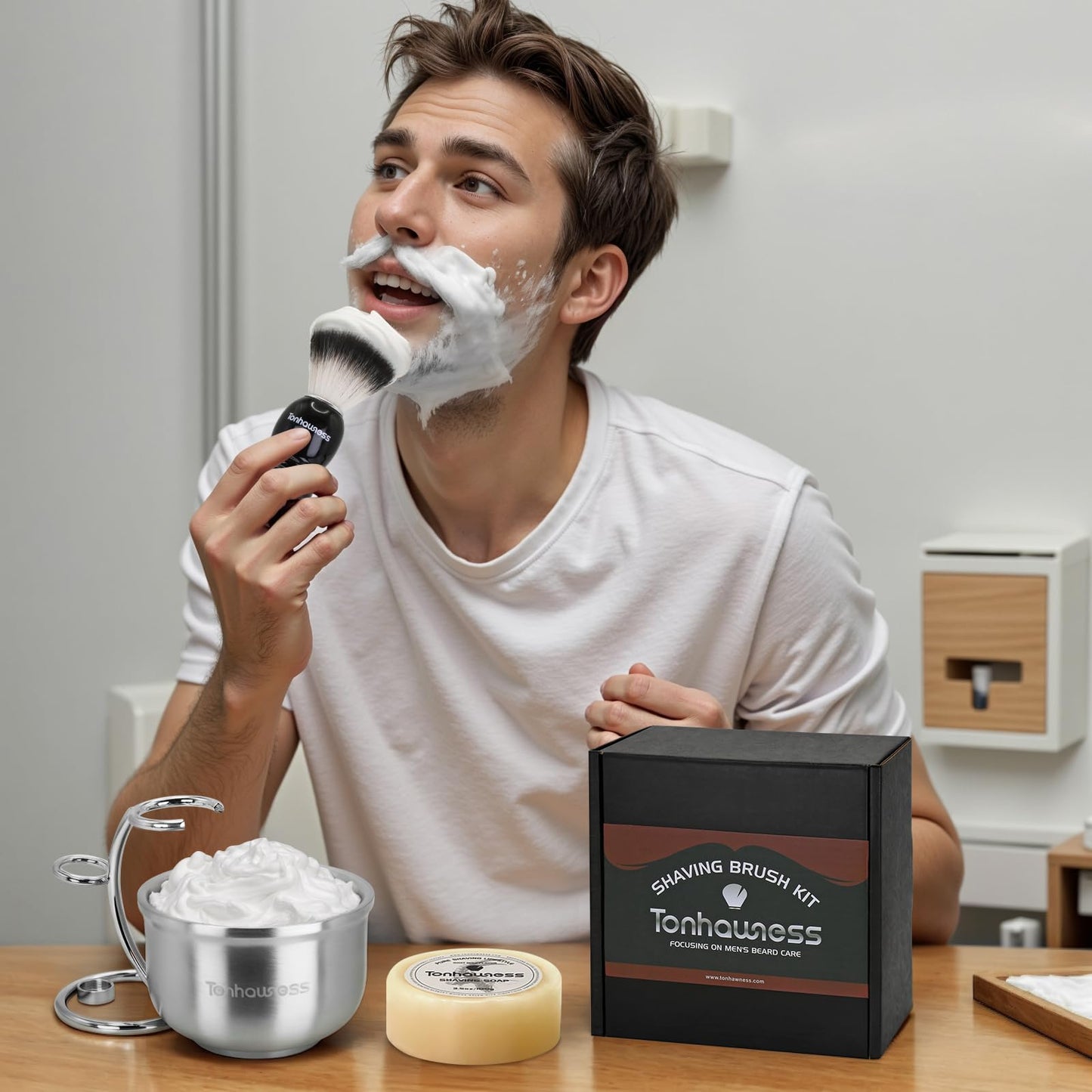 Shaving Brushes Kit For Men, 4 In 1 Shaving Brush Set Includes Nylon Bristle Shaving Brush, Sandalwood Shaving Cream, Stainless Steel Shaving Bowl and Stand (Nylon Bristle with Soap)