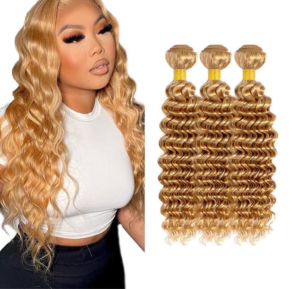 #27 Bundle Human Hair Honey Blonde Human Hair Bundles Color #27 Deep Wave Bundle 18 20 22 inch Honey Blonde Deep Wave Bundles