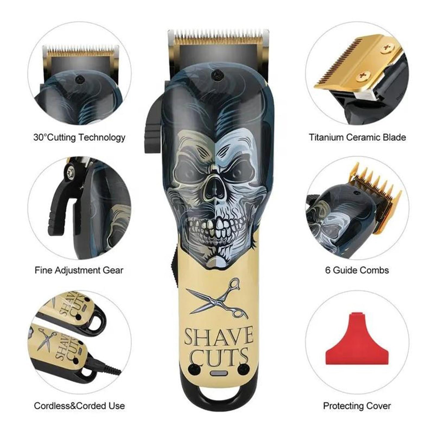 4YT-X20 Skull Cordless Hair Clippers，Hair Clippers for Men Haircut Machine Rechargeable Clippers, Grooming Kit Gifts for Men