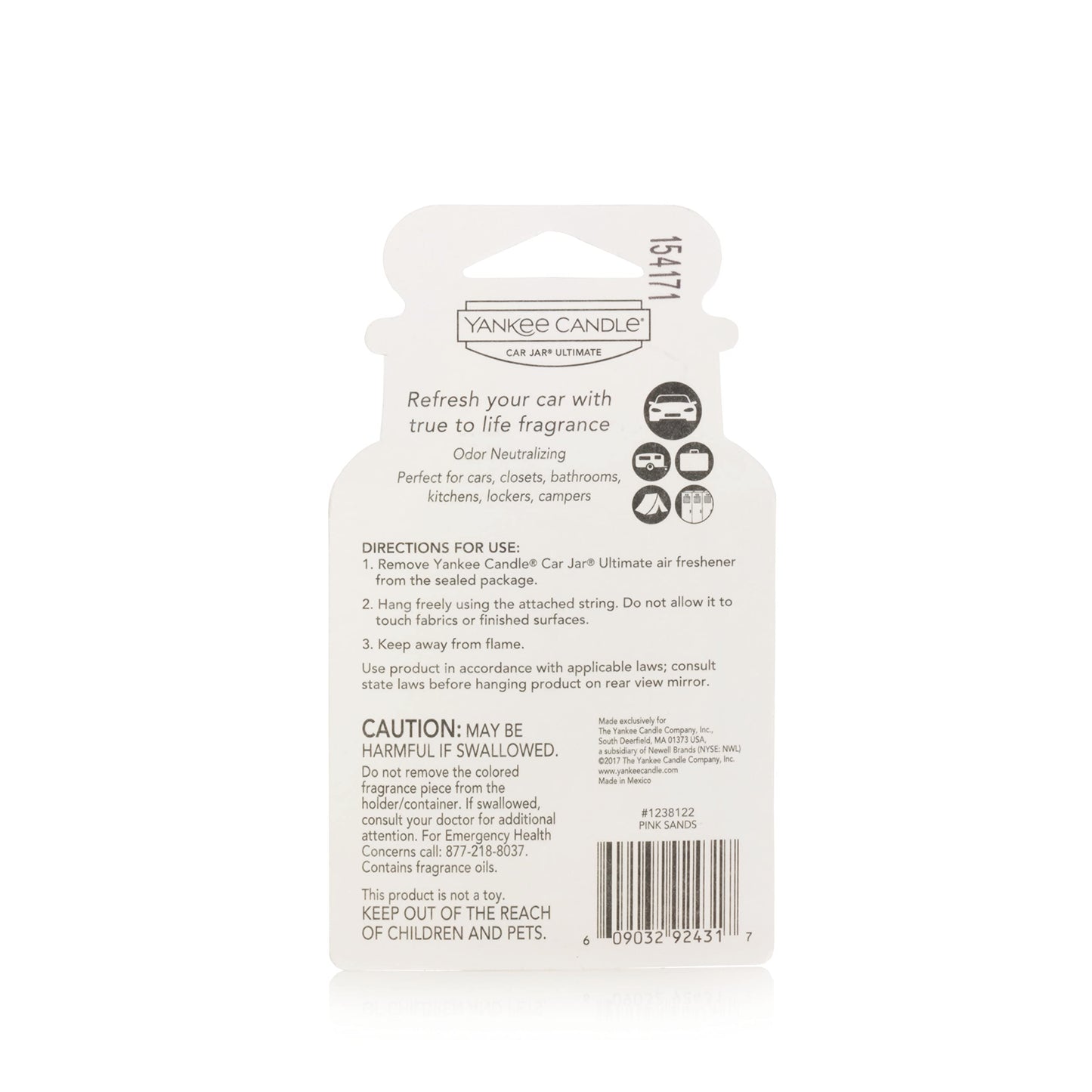 Yankee Candle Car Jar Ultimate Hanging Air Freshener, Pink Sands, Up to 30 Days Odor Neutralization
