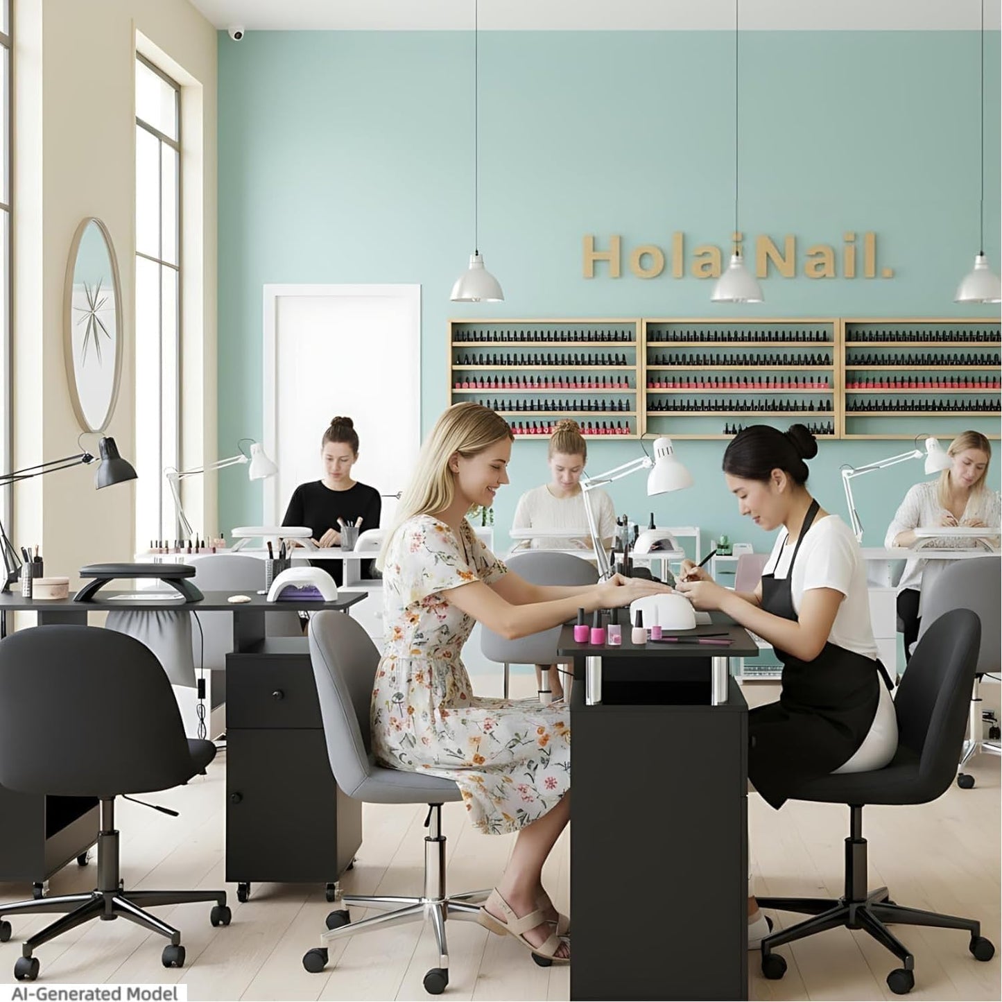 Nail Tech Table - Manicure Desk with Dust Collector, Arm Rest & Wheels | Black Beauty Salon Station